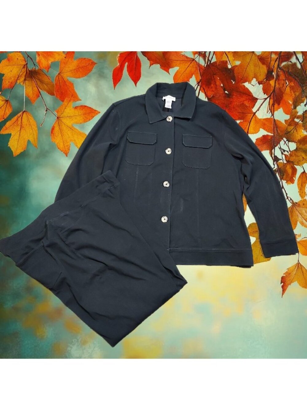 Pant Suite Drapers & Damons Black Button Shacket Size 1X Multi Colored Buttons